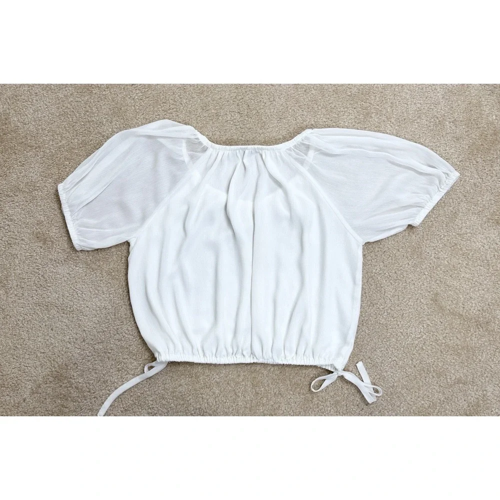 Loft White Peasant Blouse Puff Sleeve Side Tie Elastic Hem Top Medium